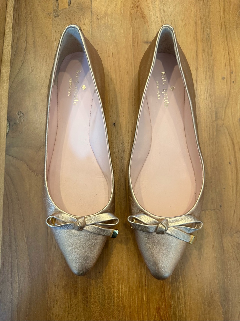 Kate Spade Metallic Rose Gold Leather Emma Pointed Toe Bow Ballet Flats